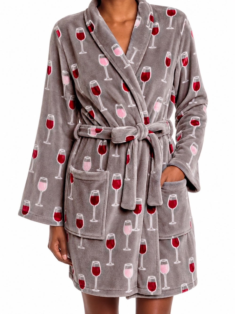 Super cozy and cute PJ Couture women's plush Wine Glasses Robe gray, red & pink